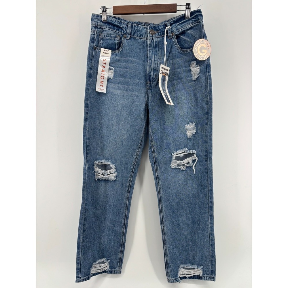 Gogo Straight Leg Jeans Womens Blue Distressed High Rise Flawless Fit 11 NWT